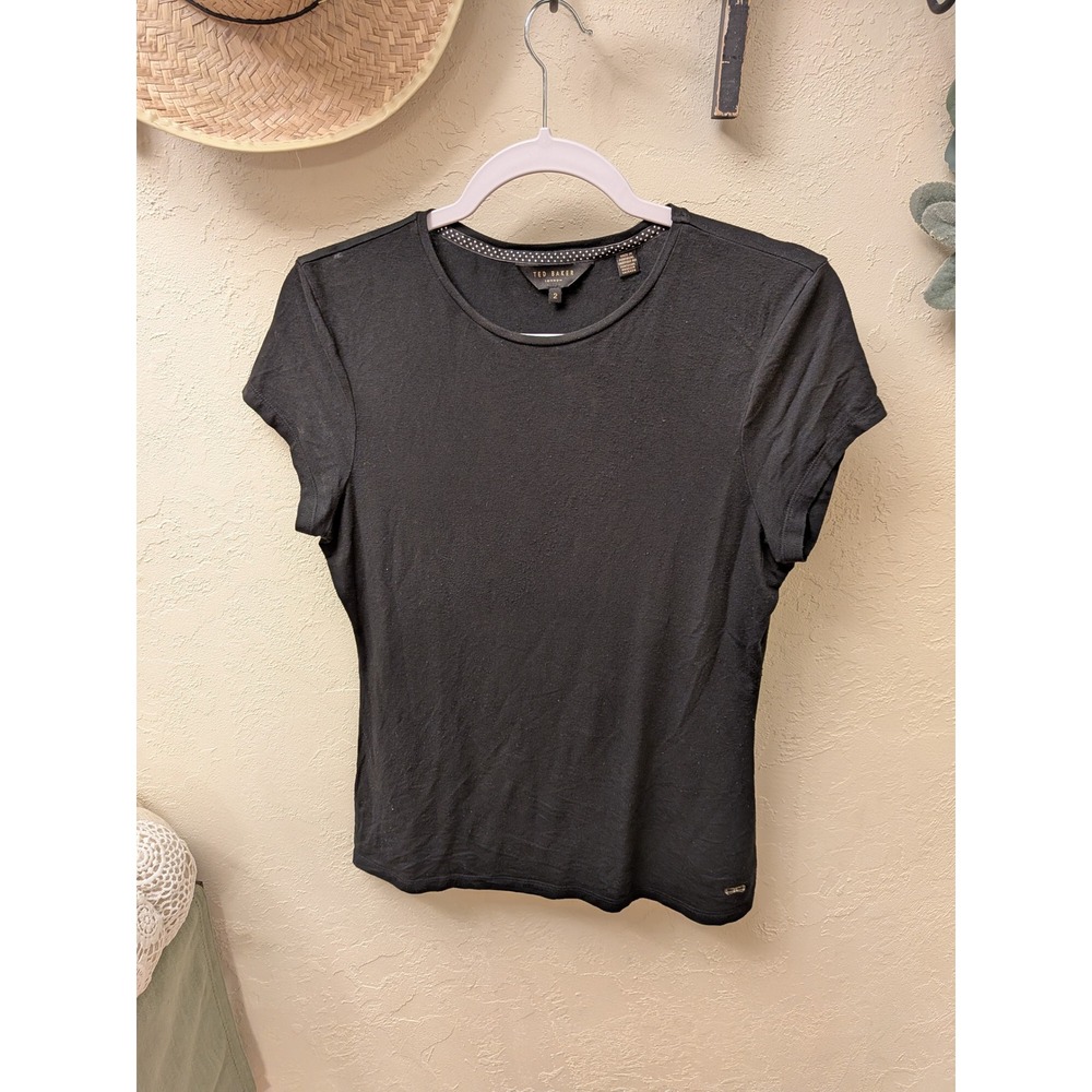 Ted Baker London Black Short Sleeve Crew Neck T Shirt Womens Size 2 Bow Detail